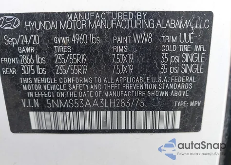 2020 Hyundai Santa Fe Limited 2.0T z USA, uszkodzony, nr VIN 5NMS53AA3LH283775